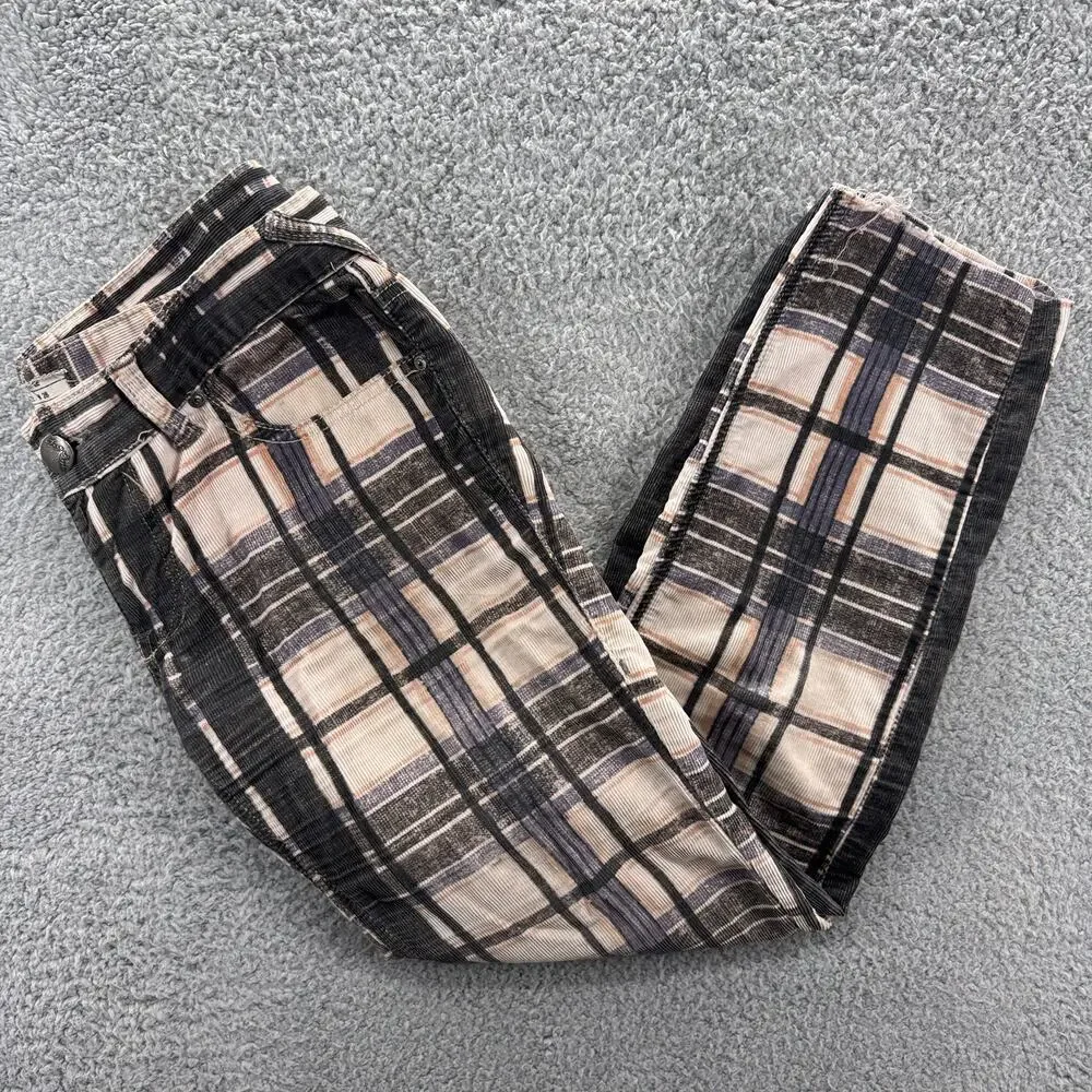 Free People Jeans Women 26 Gray Corduroy Straight Plaid Mini Cords Cotton Retro